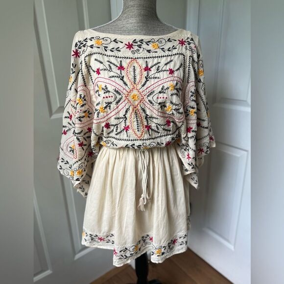 Free People Frida Embroidered Dress in Ivory Boho Drape Sleeve Mini Womens S - Picture 1 of 6